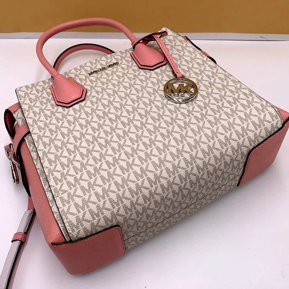 MICHAEL KORS MERCER MEDIUM TOP ZIP BELTED SATCHEL PRIMROSE MULTI SIGNATURE